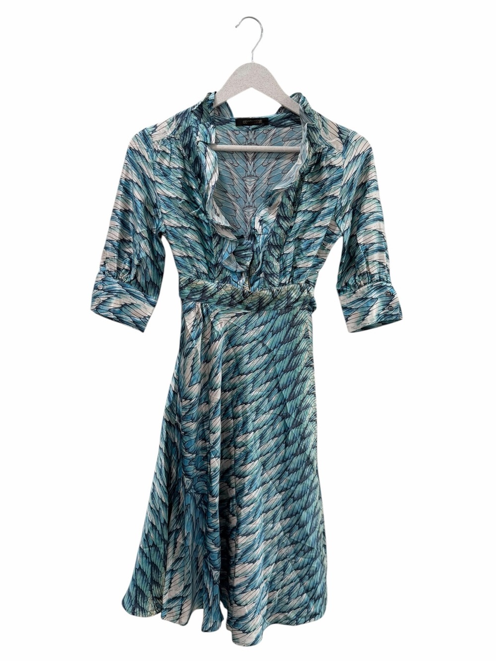 Roberto Cavalli Blue Silk Feather Print Ruffle Wrap Dress